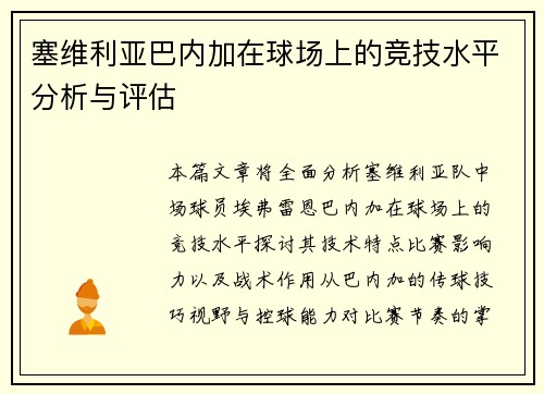 塞维利亚巴内加在球场上的竞技水平分析与评估