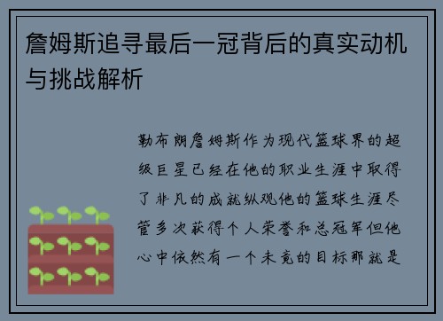詹姆斯追寻最后一冠背后的真实动机与挑战解析 詹姆斯追寻最后一冠背后的真实动机与挑战解析